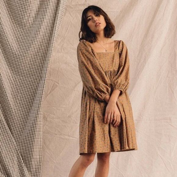 Just Female Dresses & Skirts - JUST FEMALE Merle Tent Cotton Square Neck Brown Floral Print Dress Extra Small